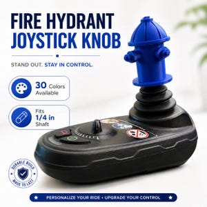 May include: Black joystick knob with a blue fire hydrant design. The image text reads "FIRE HYDRANT JOYSTICK KNOB" and "STAND OUT. STAY IN CONTROL." It fits a 0.64 cm shaft and is available in 30 colours. The image also says "DURABLE BUILD MADE TO LAST."