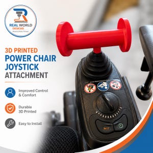 May include: A red 3D-printed power chair joystick attachment. The attachment features a red handle and is designed for improved control and comfort. The product is durable and easy to install. The text on the image reads "3D Printed Power Chair Joystick Attachment".