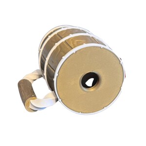 May include: A decorative beer mug with a barrel design. The mug features a light brown barrel body with white and gold accents. The handle is made of a twisted white rope and a brown wooden grip.