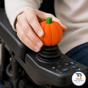 May include: A bright orange pumpkin-shaped joystick topper with a green stem, attached to a black wheelchair control panel. The control panel features several buttons with illuminated blue icons and a logo reading Real World Designs.