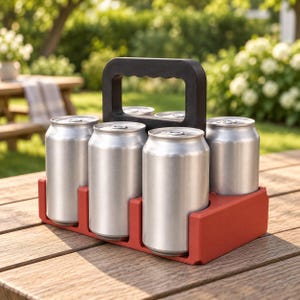 May include: A red plastic six-pack beverage carrier with a black handle, holding six silver aluminum cans. The carrier features a rectangular base with individual slots for each can and a central vertical handle for transport and storage.