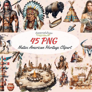 May include: A collection of 45 PNG Native American heritage clipart images. The illustrations include a Native American chief, a bison, a teepee, a horse, a canoe, a totem pole, and a campfire scene. The text "Commercial License" is visible.