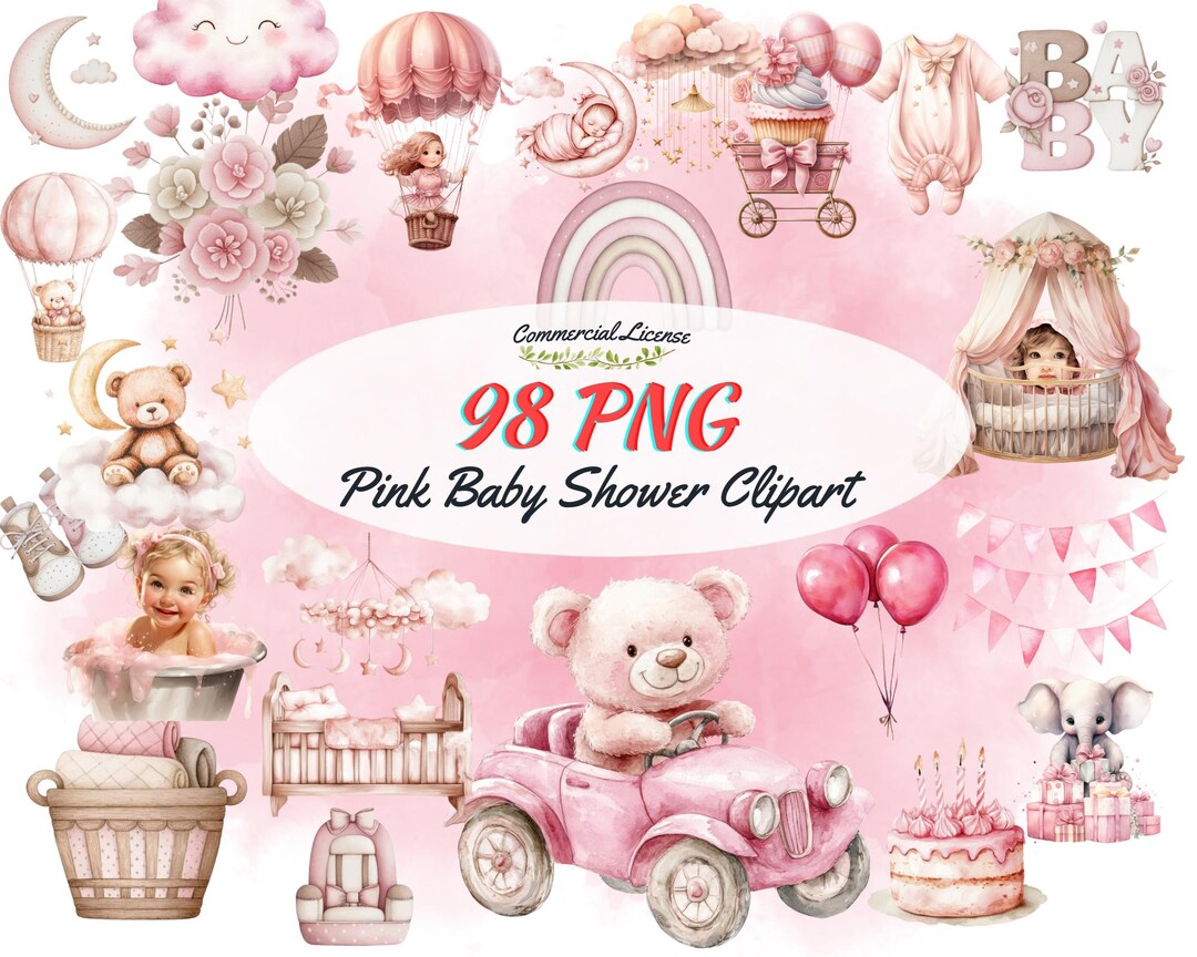Pink Baby Shower Clipart – 98 Watercolor Teddy Bear PNG Bundle ...