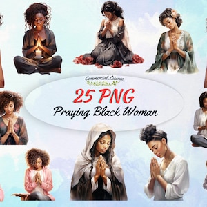 Praying Black Women Clipart, Watercolor Religious PNG (Digital Download, Commercial Use)