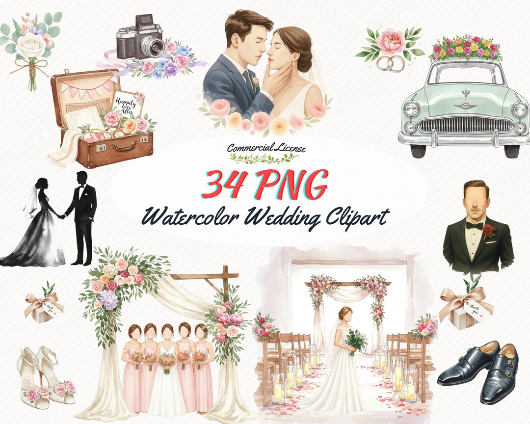 Watercolor Wedding Clipart Bundle, Romantic Bridal PNG Illustrations - Etsy