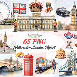 Akvarell London Clipart, Storbritanniens landmärken PNG-grafik (Kommersiellt bruk)