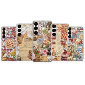 May include: A collection of five phone cases with a collage design featuring baked goods and cooking elements. The cases showcase images of pies, pastries, and handwritten recipes, with a vintage aesthetic. The cases are clear with a glossy finish.
