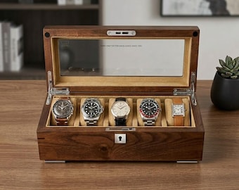 Caja de madera de lujo con 5 compartimentos para relojes, con cerradura y vitrina para caballeros.