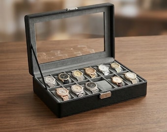 Boîte de rangement pour montres à 12 emplacements avec couvercle en verre - Vitrine de montres étanche à la poussière
