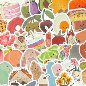 May include: A collection of assorted die-cut stickers featuring various cute, anthropomorphic illustrations including food items like cakes, fruits, vegetables, and pastries, alongside small animals and plants, all with simple smiling faces.