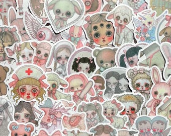 Creepy Mystery Sticker Pack, Mab Graves Style Pastel Goth Decals, 5 Pc Cute Macabre Art, Witchy Stationery, Waterproof Vinyl Journal Decals