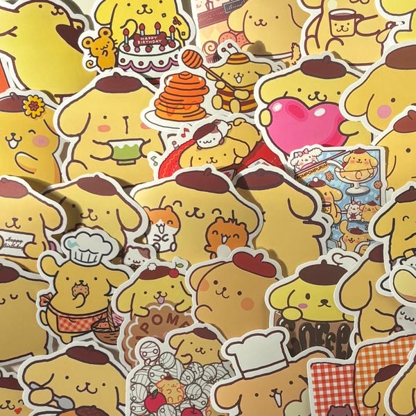 May include: A collection of yellow stickers featuring a cartoon dog character with a brown beret. The stickers depict the character in various poses, holding food, and with other accessories. Some stickers have text.