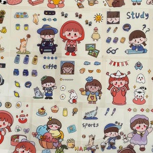 Puede incluir: Una hoja de pegatinas coloridas con varios personajes y objetos de dibujos animados. Las pegatinas incluyen imágenes de niñas, gatos, alimentos y texto como "Study" y "Sports". Las pegatinas están diseñadas con una estética linda y juguetona.