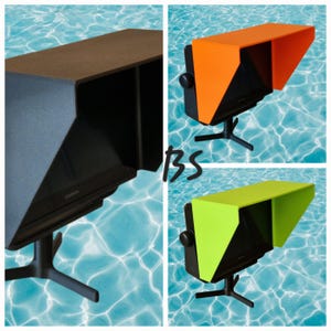 Può includere: Un set di tre protezioni per monitor in marrone, arancione e verde lime. Ogni protezione è montata su un supporto nero. Le protezioni hanno un design geometrico, su sfondo di acqua blu.