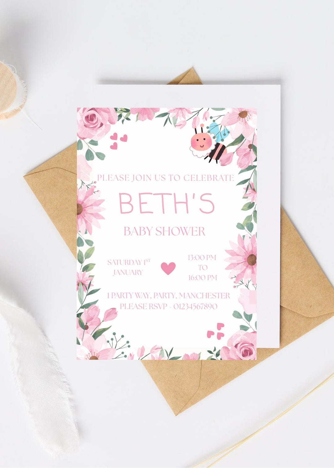 Editable Pink Flower Baby Shower Invitation (personalisable Canva ...