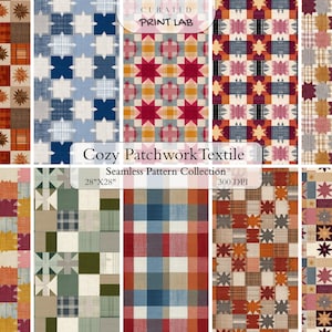 May include: A collection of seamless patchwork textile patterns. The designs feature various color palettes and geometric shapes, including stars and squares. The patterns are 28" x 28" and are labeled as 300 DPI. The text "Cozy Patchwork Textile" is also visible.