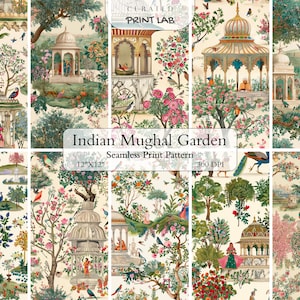 May include: A seamless print pattern titled "Indian Mughal Garden" featuring detailed illustrations of Mughal architecture, lush gardens, and figures. The design includes pagodas, trees, birds, and floral elements, in a 12"x12" format.