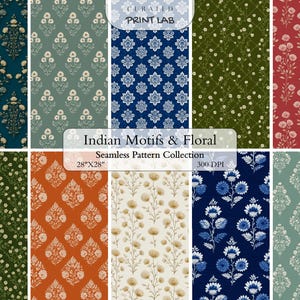 Peut inclure: Une collection de motifs indiens et de motifs floraux sans couture. Les motifs présentent divers schémas de couleurs, tels que le bleu sarcelle, le vert, le bleu et le rouge, avec des éléments floraux et géométriques complexes. La collection est de 71 cm x 71 cm et 300 DPI.