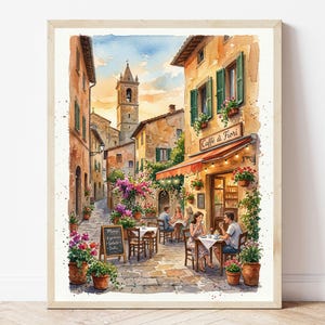 Arte murale con acquerello di caffè italiano, stampa di strada di un villaggio mediterraneo, decorazione romantica per viaggi in Europa