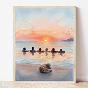Ocean Sunset Watercolor Print, Peaceful Lake House Decor, Wall Art for Dog Lovers