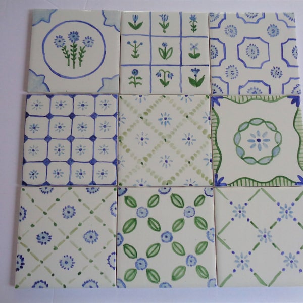 Blue and Green Flower Delft French Country  geometric ceramic tiles 4 x 4