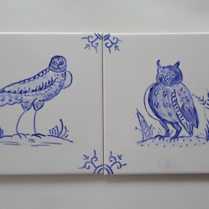 OWLS  Birds  handpainted tile - 6x6 - blue and white