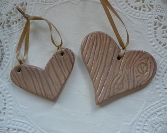 Handmade Ceramic Valentine Ornaments - faux bois wood grain hearts