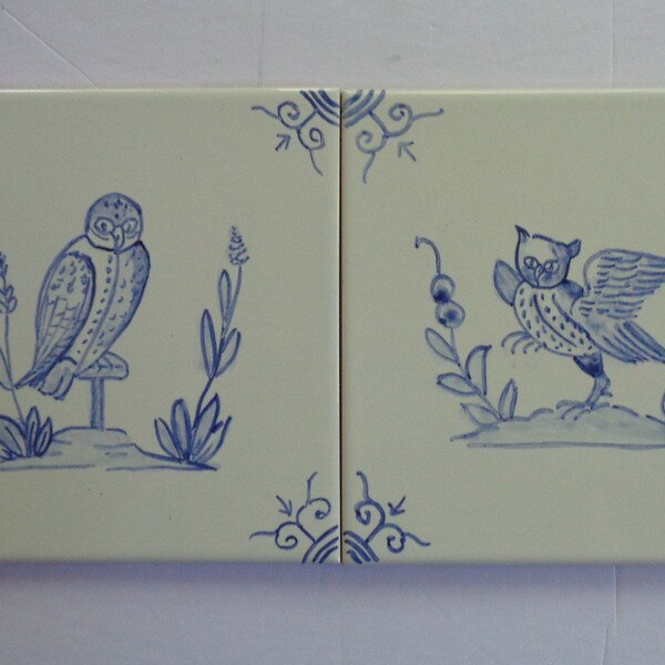 OWLS  Birds  handpainted tile - 6x6 - blue and white