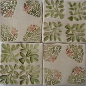 Handmade Ceramic Tiles - Wood Block Flower and Leaf Designs