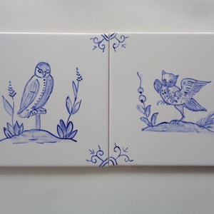 OWLS  Birds  handpainted tile - 6x6 - blue and white