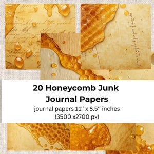 Puede incluir: Un collage de papeles de diario de estilo vintage con un diseño de panal y miel. Los papeles miden 28 cm x 22 cm y presentan texto manuscrito y acentos de miel goteando. El texto de la imagen dice "20 Honeycomb Junk Journal Papers".