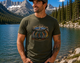 Trout Grand Slam T-Shirt, Trout Fishing Shirt, Vintage Fishing Tee, Mountain Lake Graphic, Fisherman Gift