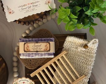 Signature Soap Gift Set, Handcrafted Soap & Wooden Soap Dish, Self Care Gift, Bath Gift, Spa Gift, Gift for Her, Goat Milk Soap