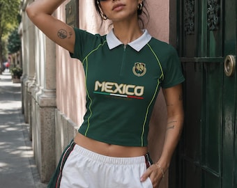 Mexico Women’s Zip Polo Shirt, Green Fútbol Fan Jersey, Slim Fit Soccer Top