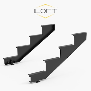 Może przedstawiać: Dwa czarne metalowe podłużnice schodowe, każdy z trzema stopniami. Podłużnice schodowe przeznaczone są do użytku wewnątrz i na zewnątrz. Słowo "ILOFT" jest wydrukowane czarnymi literami nad podłużnicami.