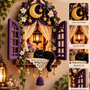 Puede incluir: Un patrón de ganchillo para decoración de pared Moonlit Window con un marco de ventana arqueado morado, una luna creciente amarilla, estrellas colgantes, un farol brillante y un gato negro durmiendo sobre un borde de encaje.