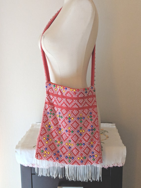 Vintage Beaded Purse 60's 70's Red Boho Hippie Fri