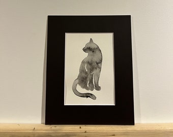 Pintura de acuarela de gato curioso / pintura de acuarela original 5x7 con estera negra 8x10