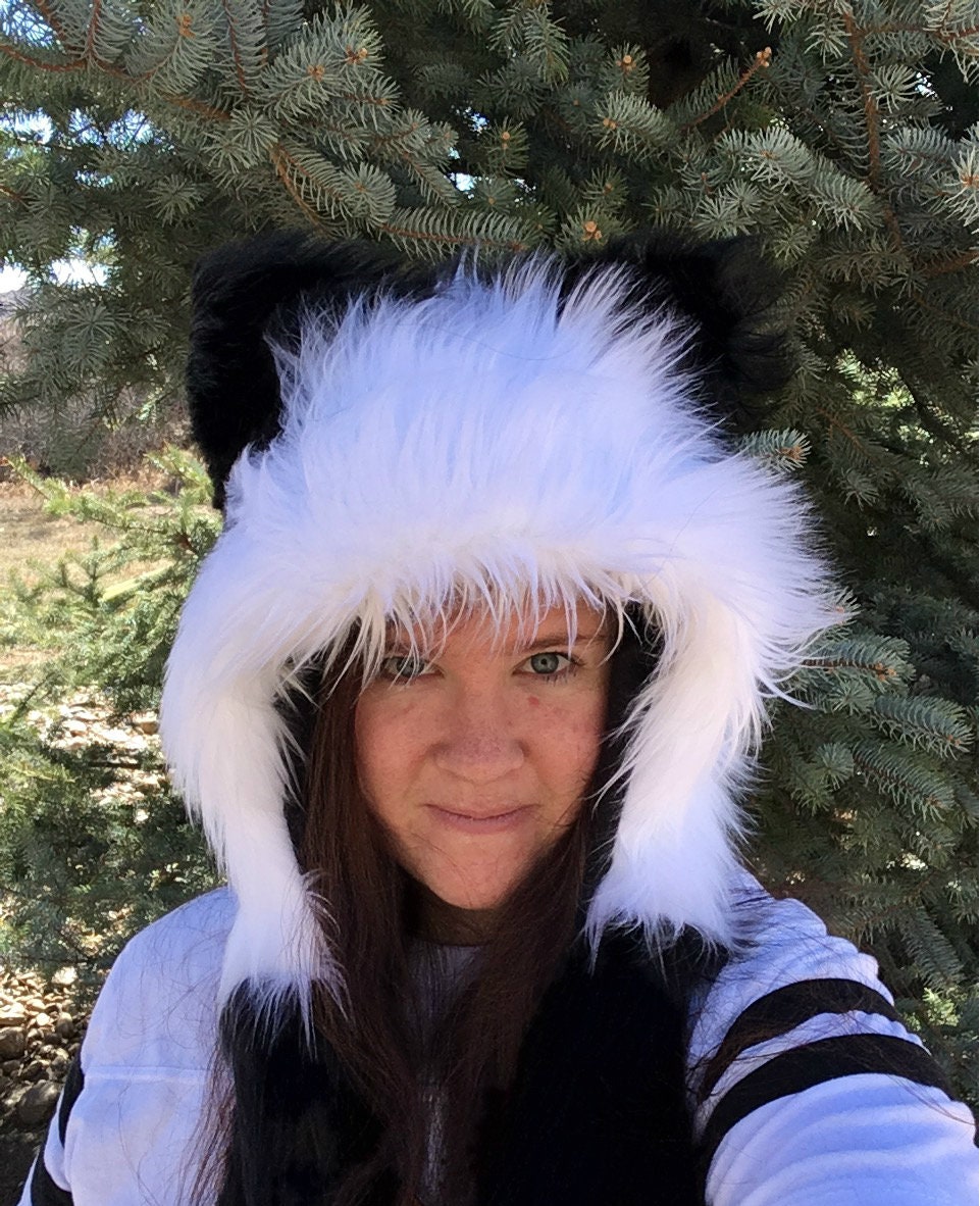 Panda Faux Fur Hooded Rave Hat - Festival/Cosplay Hood- Adult- One Size Panda Collector Edition Faux Fur Hood | Men main image 2