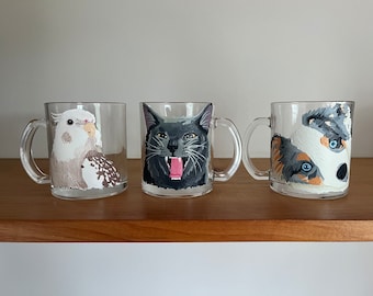 Taza de retrato de mascota personalizada / Taza de vidrio pintada a mano