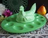 L E Smith Jadeite Hen on Nest - 12 1 2 quot Jadeite Deviled Egg Tray - Jadeite Egg Plate - Easter Egg Platter - L. E. Smith Jadeite Egg Server