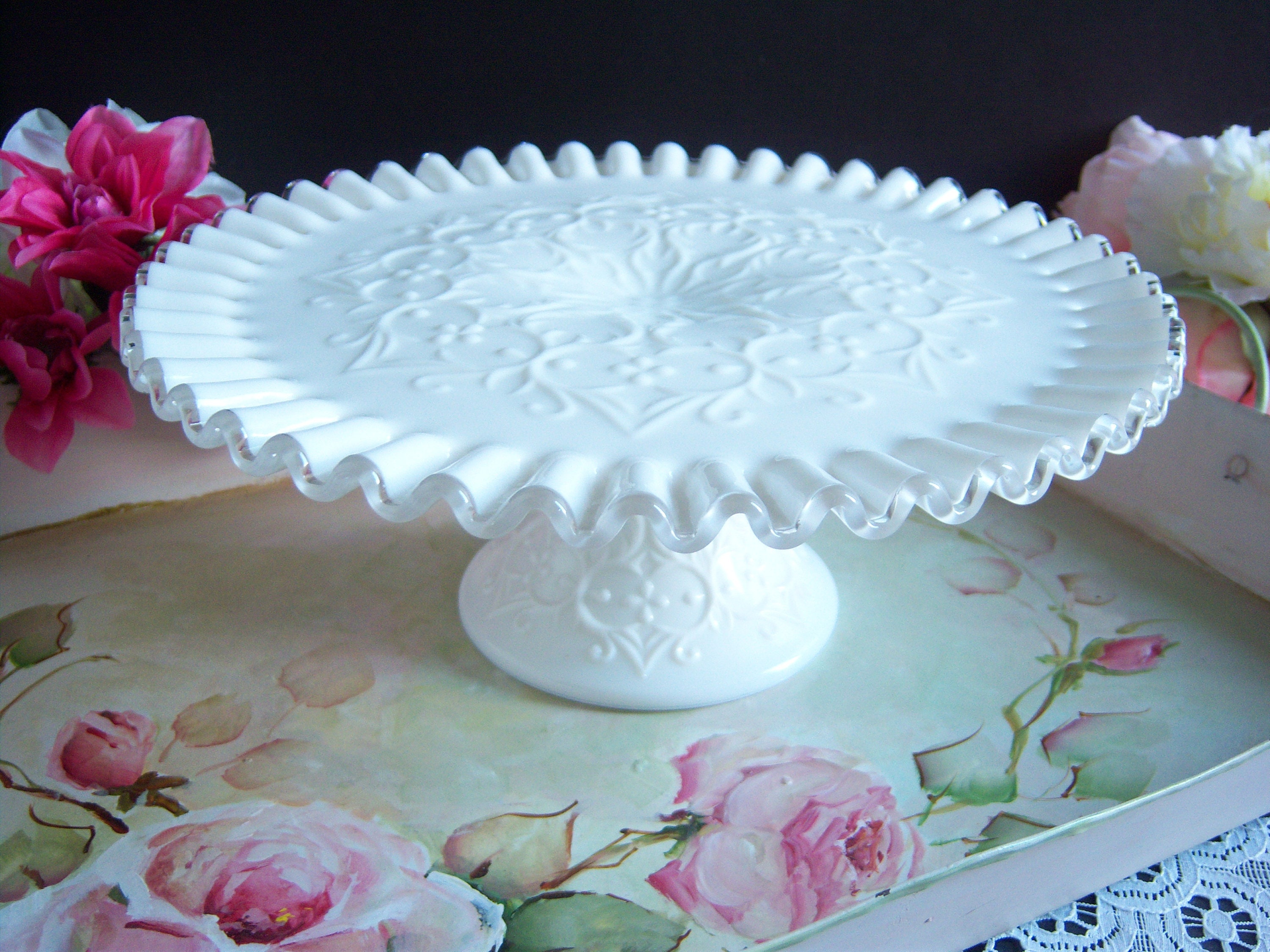 Fenton Spanish Lace White Milk Glass Cake Stand Etsy