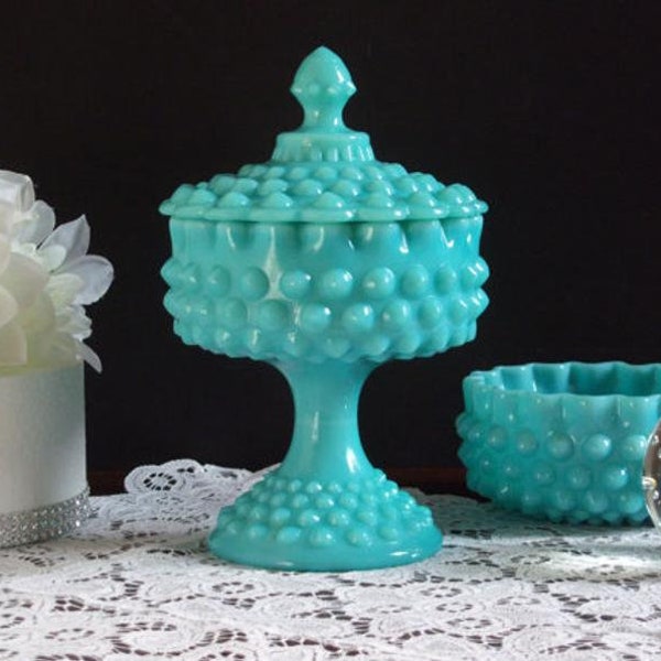 Fenton Turquoise Compote - Fenton Turquoise Hobnail Milk Glass - Turquoise Hobnail Lidded Compote - Vintage Wedding - Something Blue
