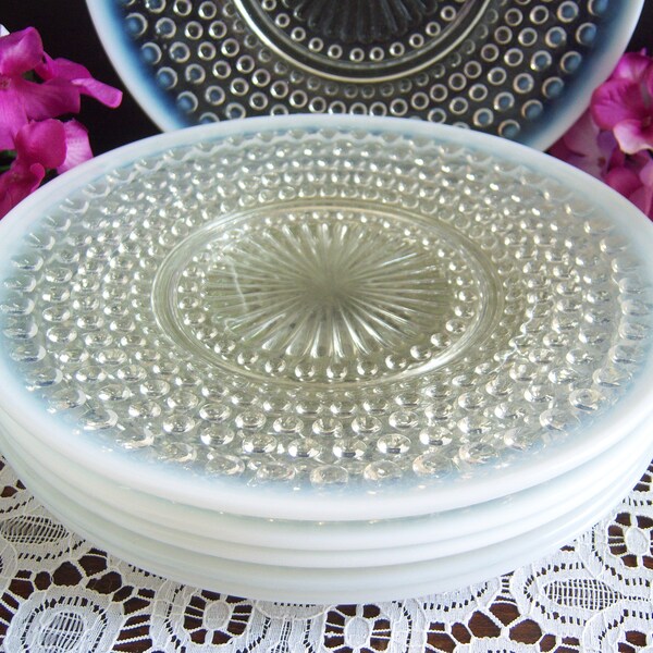 Anchor Hocking Moonstone Plates - Set of Six Moonstone Plates - 8 1/2" Moonstone Hobnail Plates - Opalescent Hobnail Milk Glass Plates
