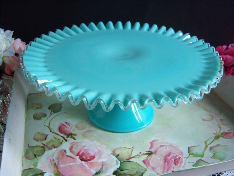Fenton Turquoise Silvercrest Cake Stand Milk Glass Wedding Something Blue Vintage