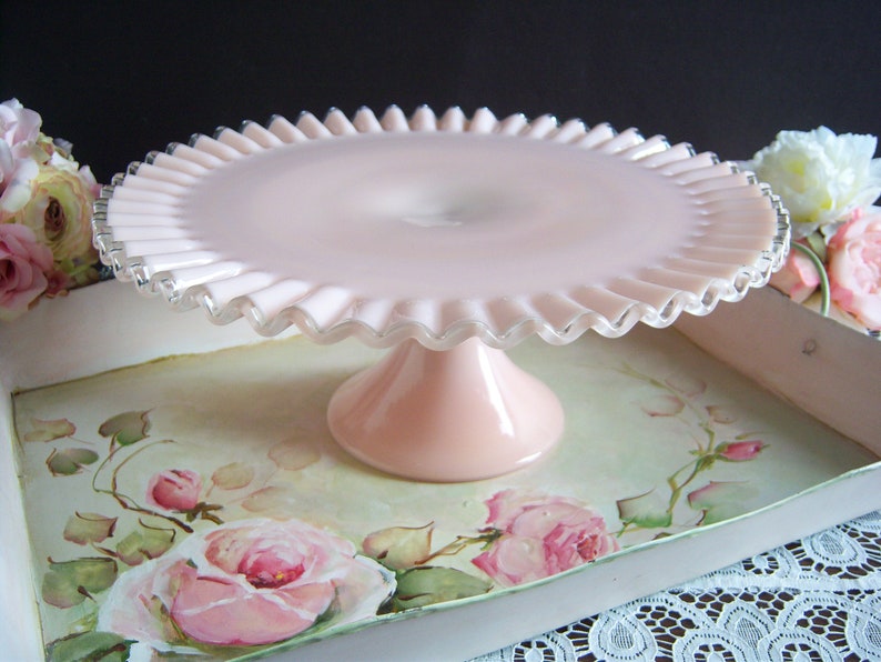 Fenton Pink Silvercrest Cake Stand Silver Rose Milk Glass Wedding