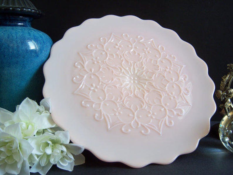 Fenton Spanish Lace Pink Milk Glass Cake Stand Wedding Vintage