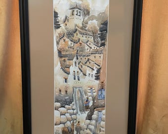 Akwarela | Oryginalny obraz vintage przedstawiający peruwiańską wioskę w ramie i passe-partout, 27x14,5 cala