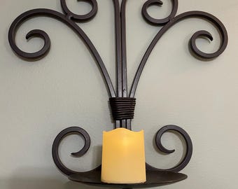 Wrought Iron Wall Sconce | Black Scroll Design Candle Holder | Fleur de lis Shape