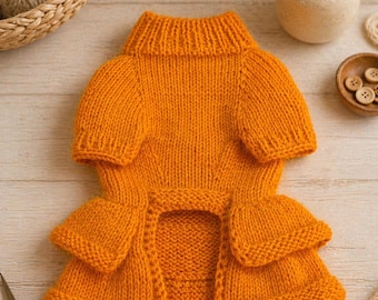 Suéter tejido a mano, vestido con volantes para perro. Amplia gama de colores.